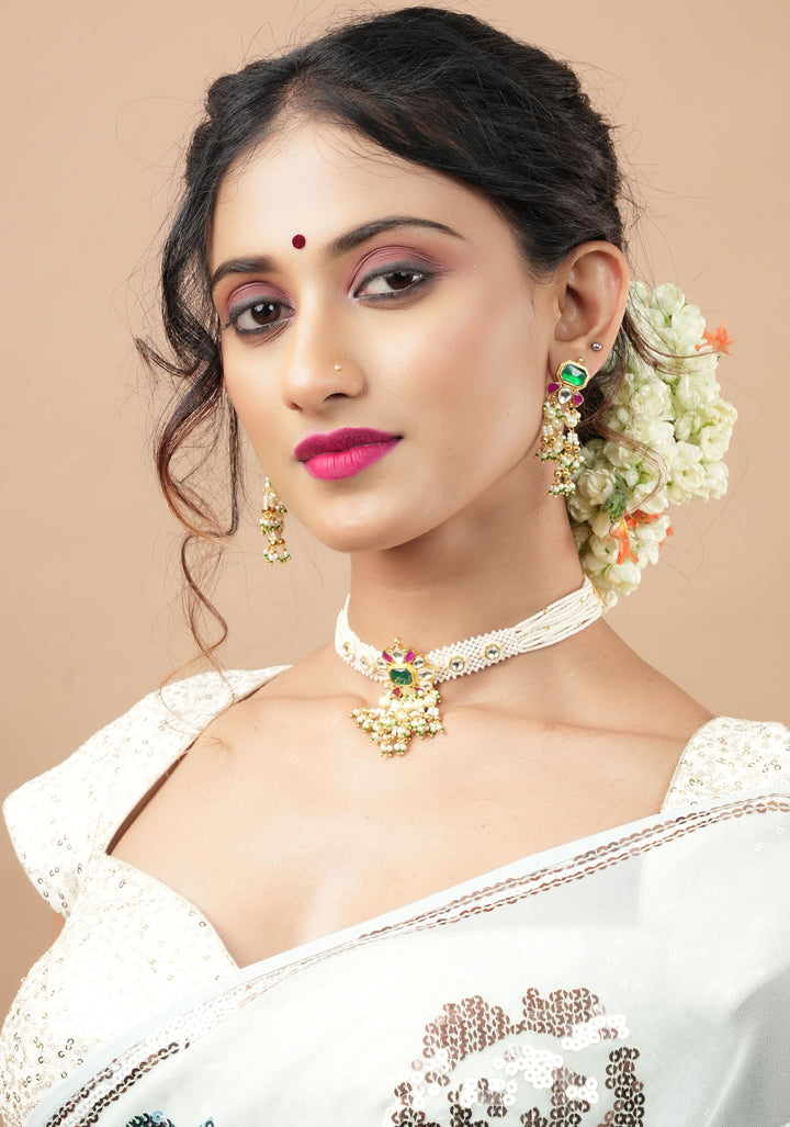 Ornate Jadau Floral Pendant on Multistrand Necklace Set with Dangling pearls | Shobitam Jewelry