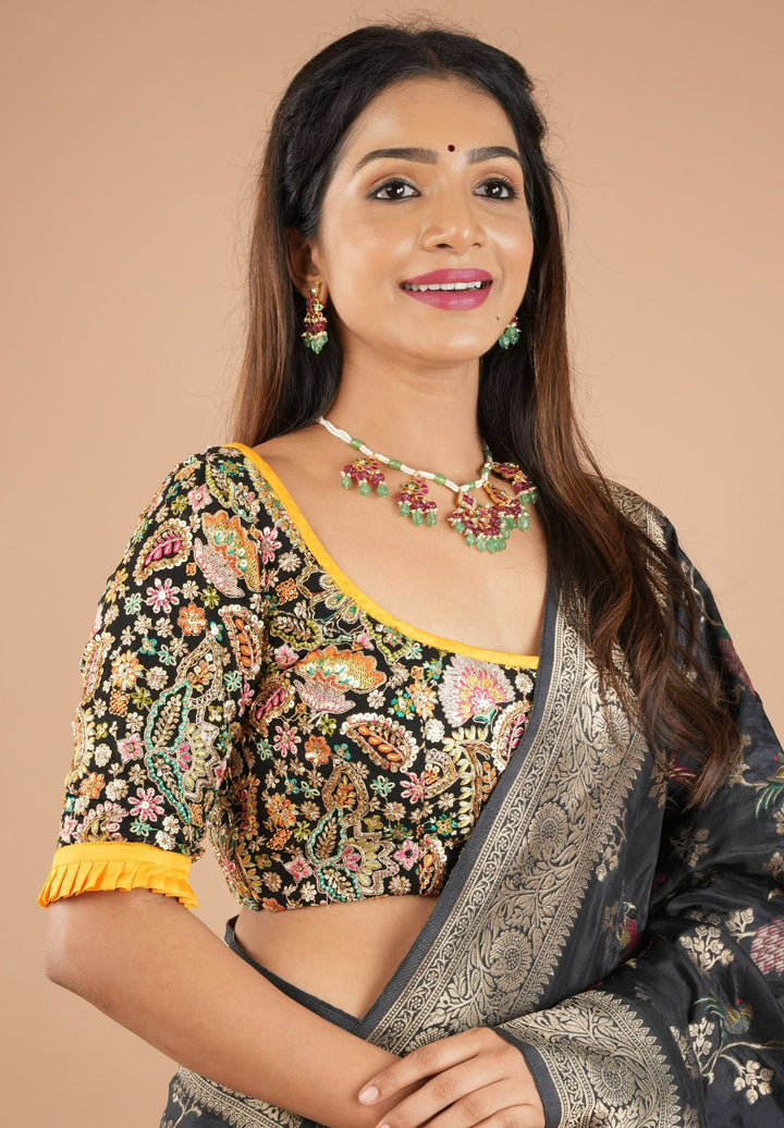 Black Georgette Floral Embroidery and Sequin - Cutdana Embellished blouse with yellow trims, Customizable, Made to Order