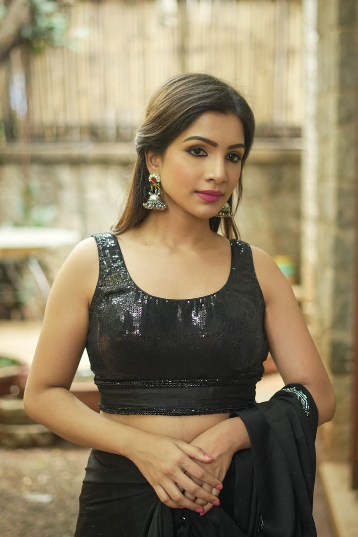 Sequin Blouse in Black with Deep Back Neck