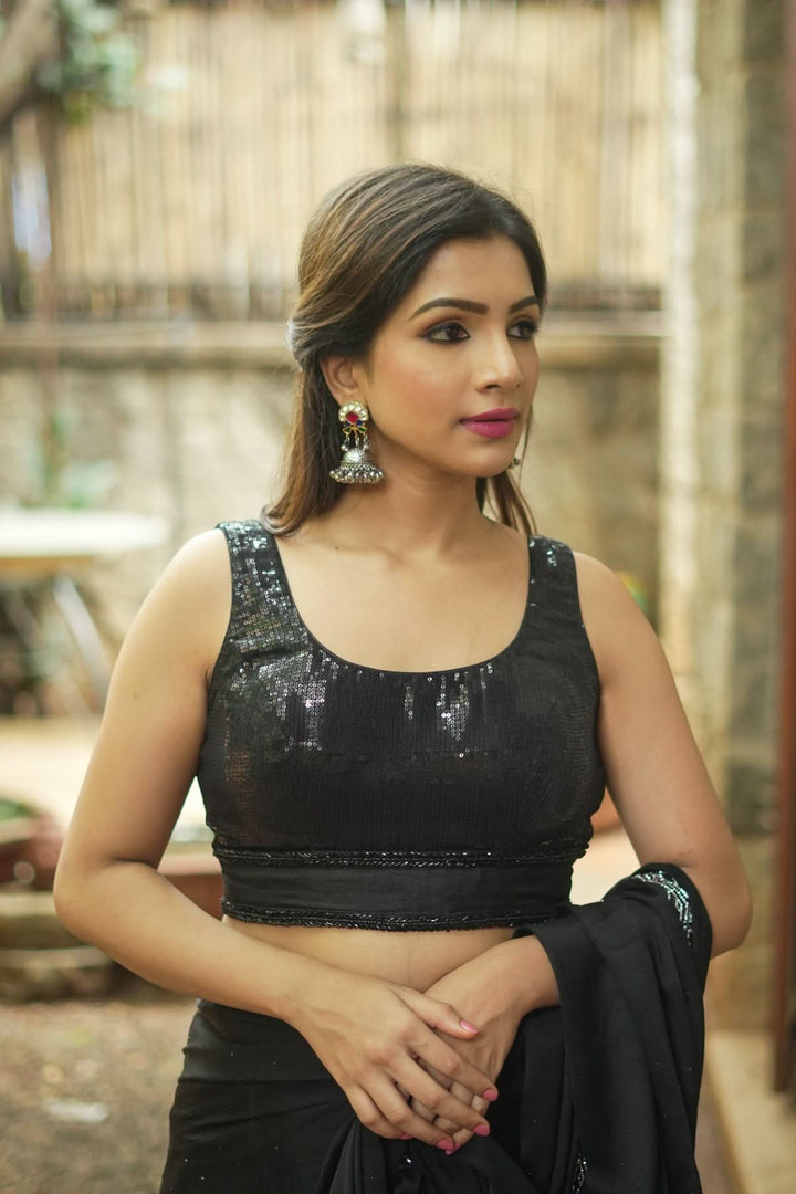 Sequin Blouse in Black with Deep Back Neck