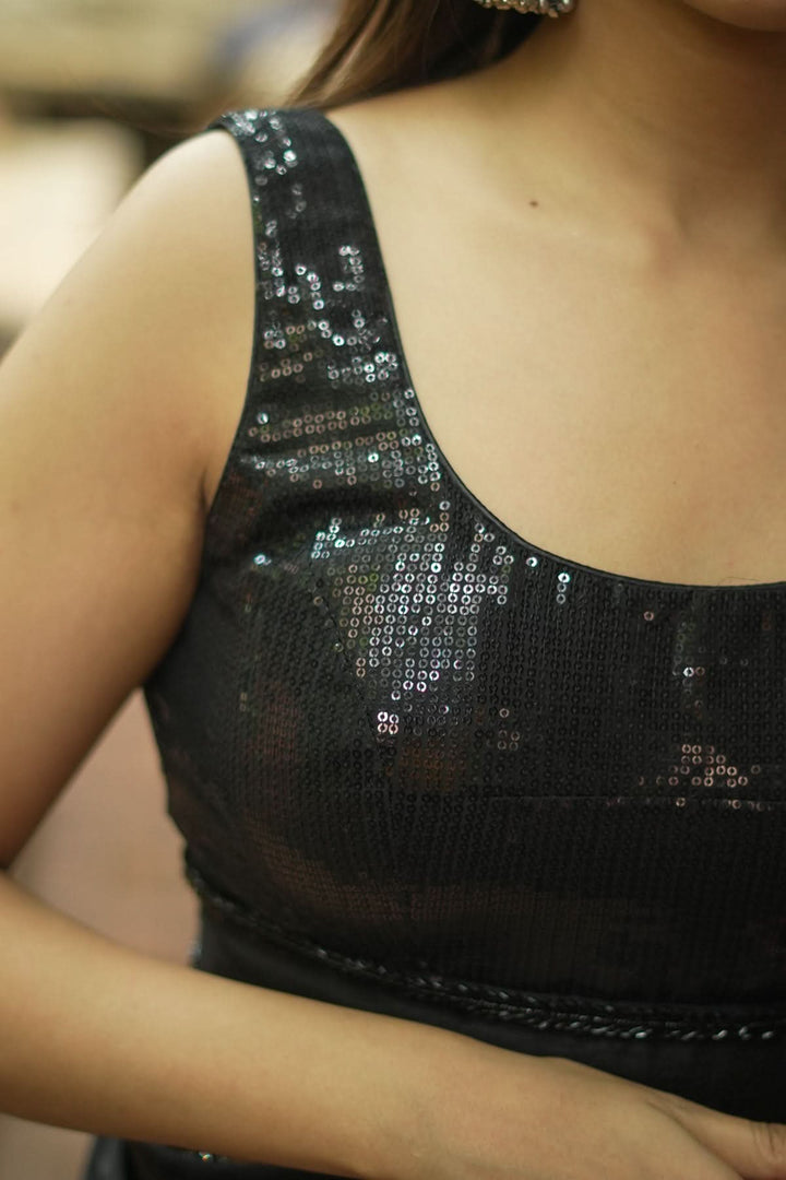 Sequin Blouse in Black with Deep Back Neck