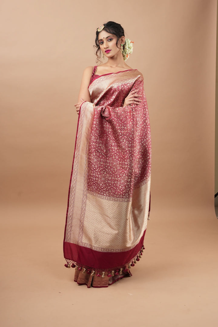 Brick Pure Banarasi Silk Katan Saree with Moroccan trellis design and Alfi buttas  | SILK MARK CERTIFIED