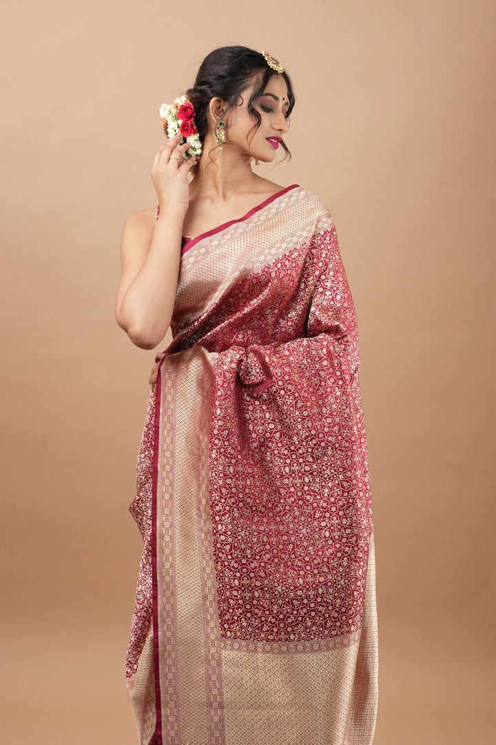 Brick Pure Banarasi Silk Katan Saree with Moroccan trellis design and Alfi buttas  | SILK MARK CERTIFIED