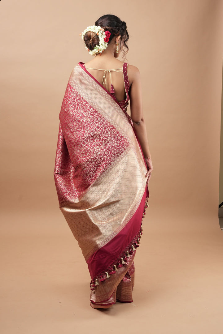 Brick Pure Banarasi Silk Katan Saree with Moroccan trellis design and Alfi buttas  | SILK MARK CERTIFIED