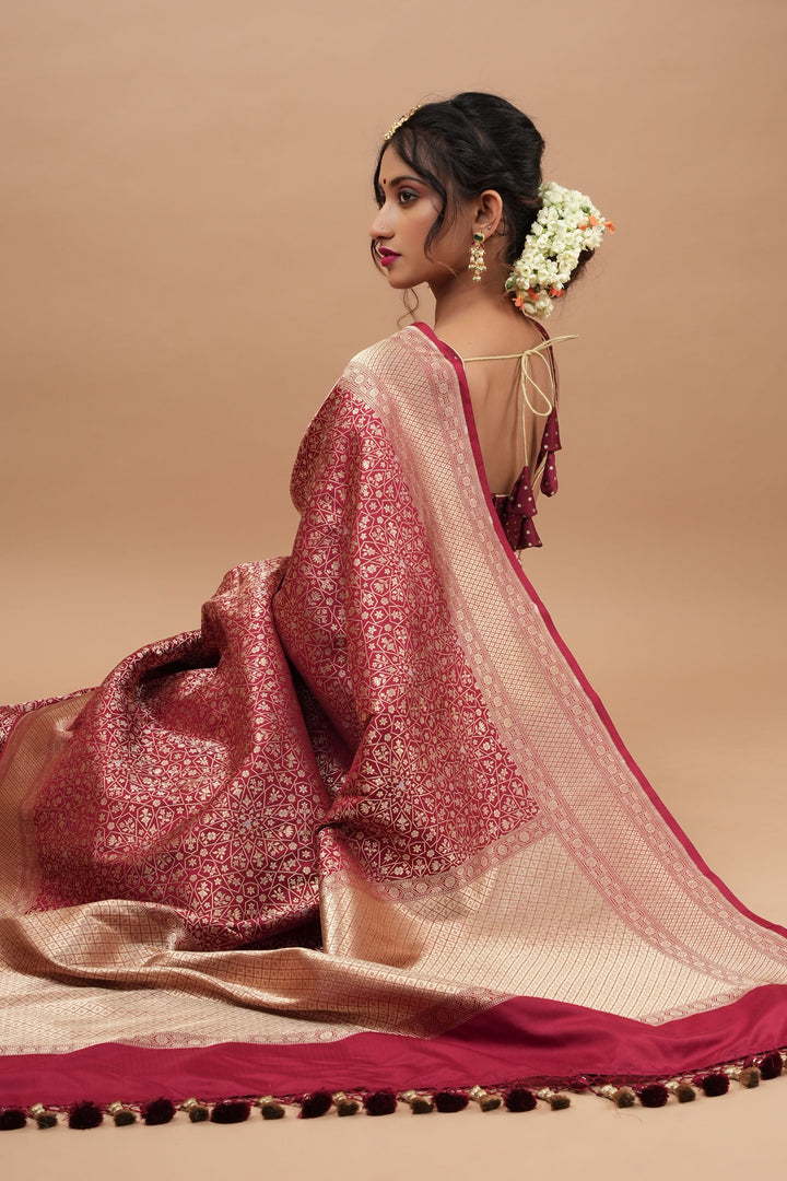 Brick Pure Banarasi Silk Katan Saree with Moroccan trellis design and Alfi buttas  | SILK MARK CERTIFIED