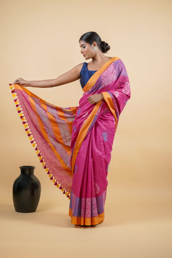Pink Color Hand Batik Print Linen Saree