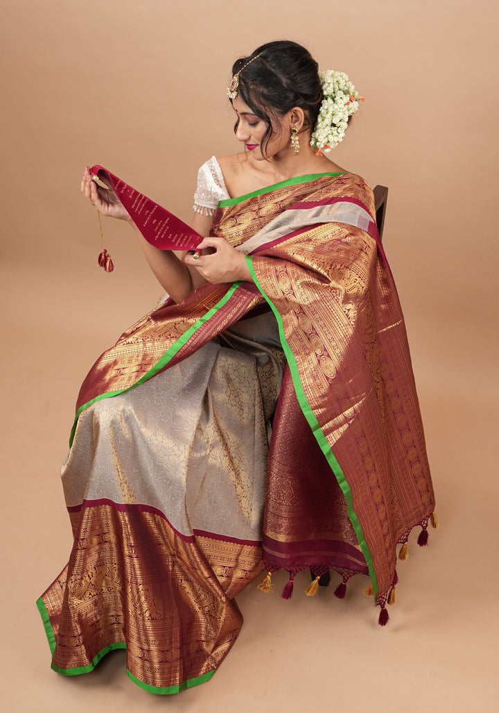Gray Exquisite Brocade Gadwal Silk Saree with floral Jaal and extravagant 16 inch Zari border | SILK MARK CERTIFIED