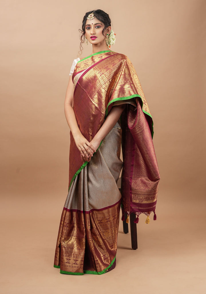 Gray Exquisite Brocade Gadwal Silk Saree with floral Jaal and extravagant 16 inch Zari border | SILK MARK CERTIFIED