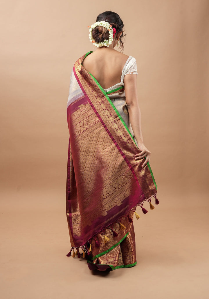 Gray Exquisite Brocade Gadwal Silk Saree with floral Jaal and extravagant 16 inch Zari border | SILK MARK CERTIFIED