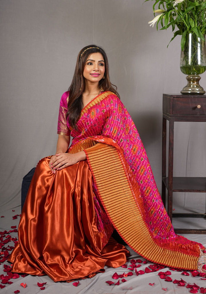 Pleated half and half satin saree with Patola digital print and antique zari No Blouse Piece
