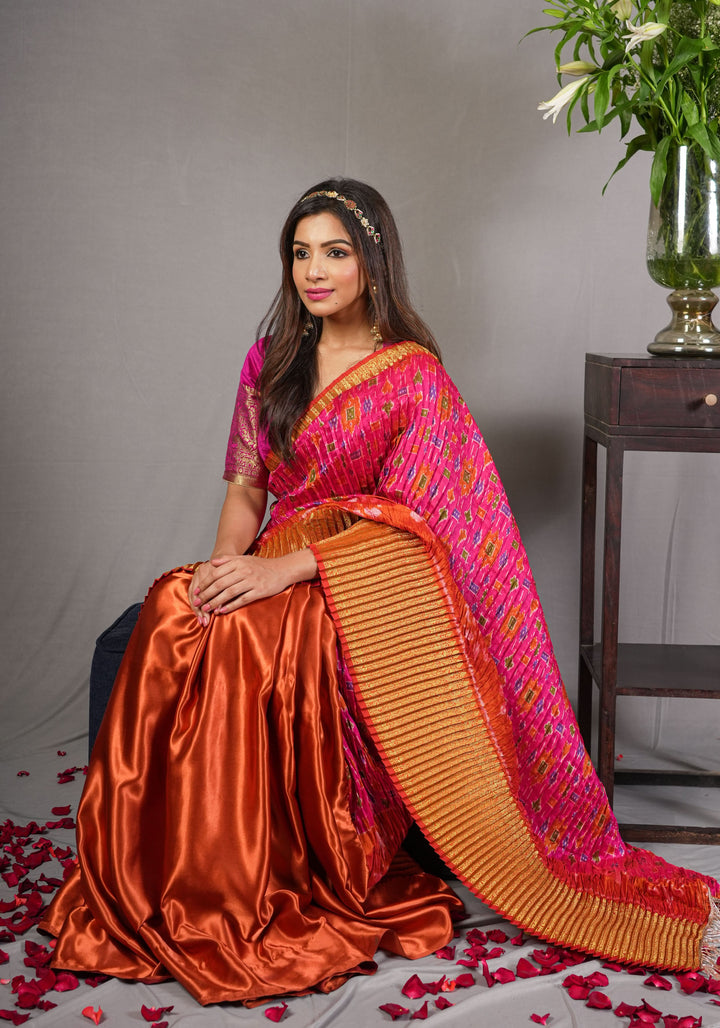 Pleated half and half satin saree with Patola digital print and antique zari No Blouse Piece