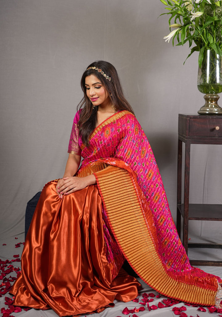 Pleated half and half satin saree with Patola digital print and antique zari No Blouse Piece