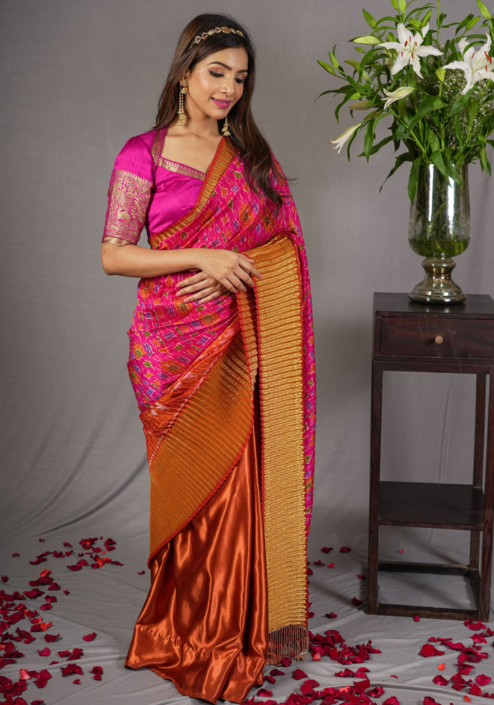 Pleated half and half satin saree with Patola digital print and antique zari No Blouse Piece