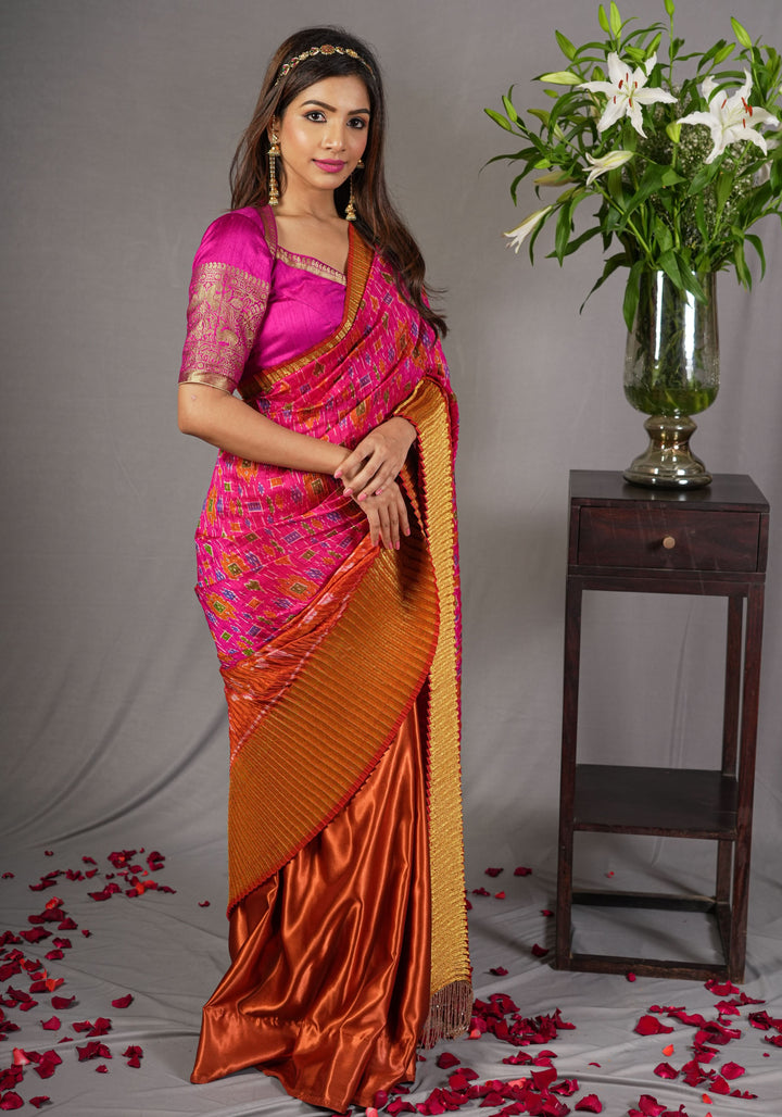 Pleated half and half satin saree with Patola digital print and antique zari No Blouse Piece