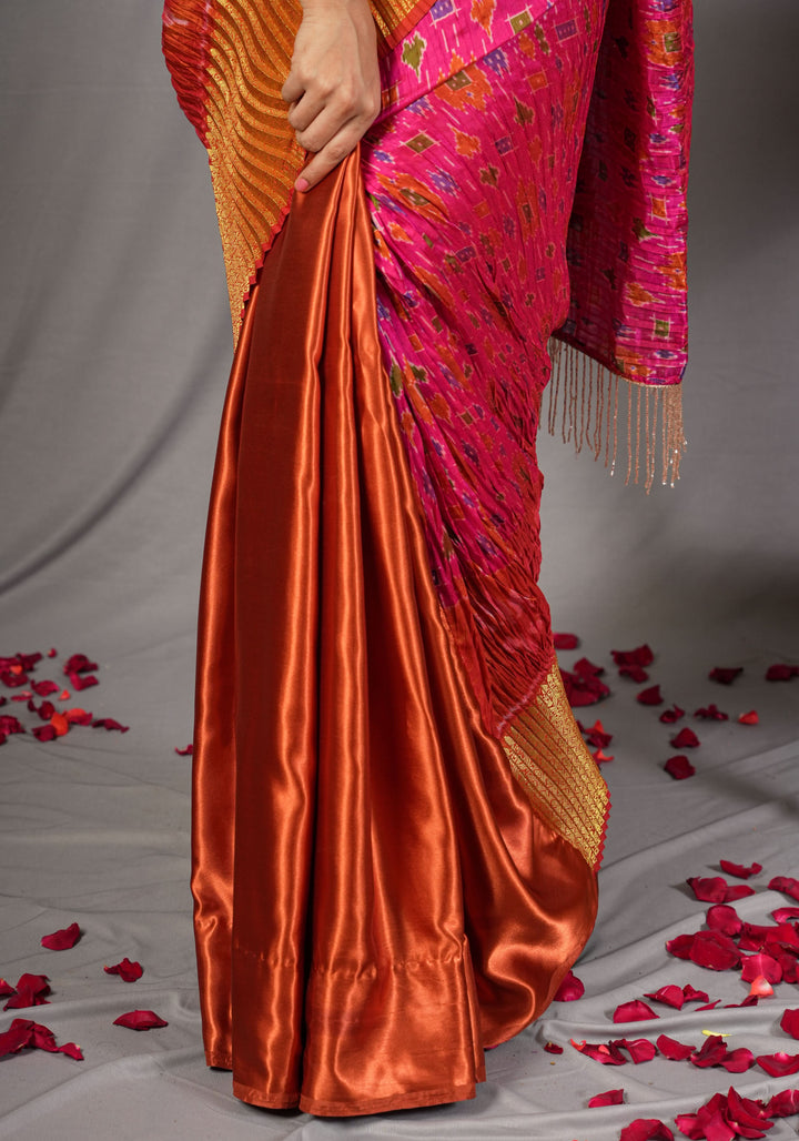 Pleated half and half satin saree with Patola digital print and antique zari No Blouse Piece