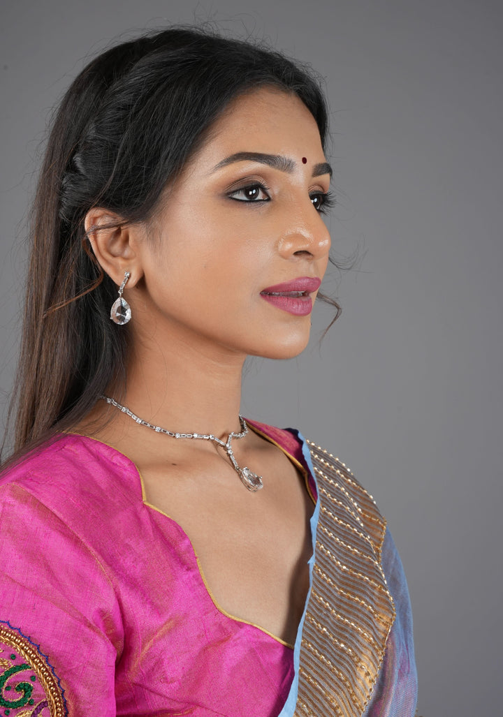 Celebrity-Inspired White CZ Stone Drop Necklace and Earring | Shobitam Jewelry