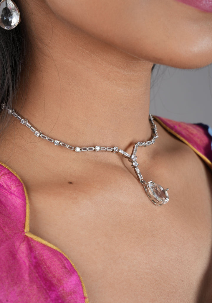 Celebrity-Inspired White CZ Stone Drop Necklace and Earring | Shobitam Jewelry