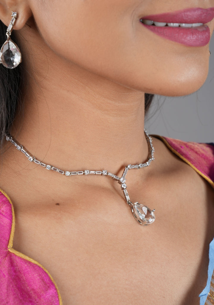 Celebrity-Inspired White CZ Stone Drop Necklace and Earring | Shobitam Jewelry