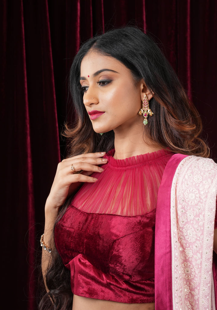 Pomegranate Red Velvet Blouse with Gathered Net Illusion Neck, Made to order