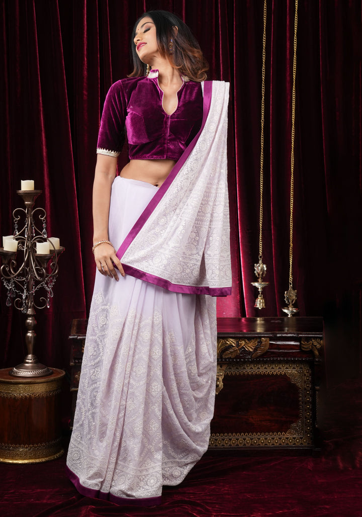 Lilac Georgette Saree with Self Embroidery and Contrasting Satin Trim