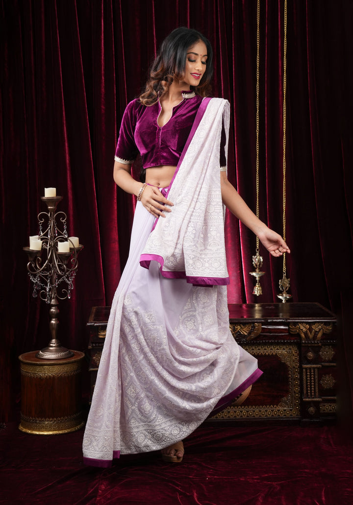 Lilac Georgette Saree with Self Embroidery and Contrasting Satin Trim