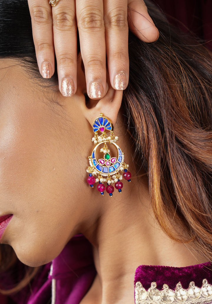 2.2" Unique Blue Stone Jadau Chandbali Earrings with Pink Fuchsia Stones | Shobitam Jewelry
