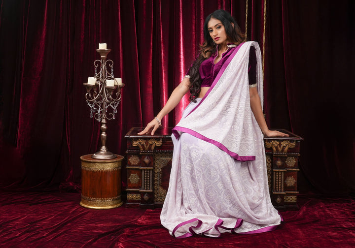 Lilac Georgette Saree with Self Embroidery and Contrasting Satin Trim