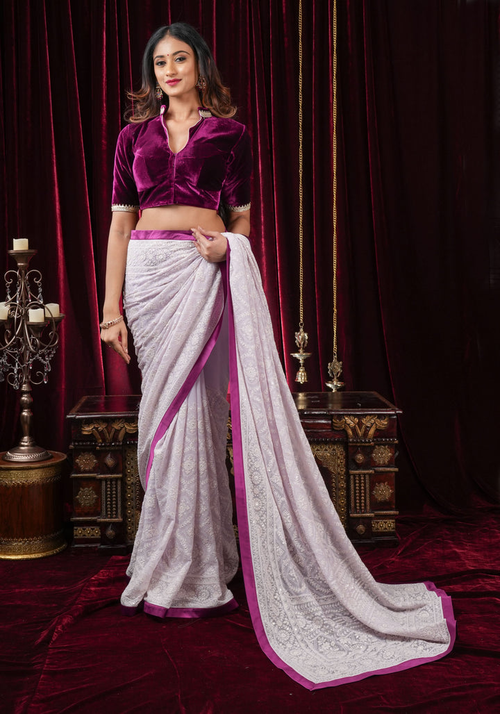 Lilac Georgette Saree with Self Embroidery and Contrasting Satin Trim