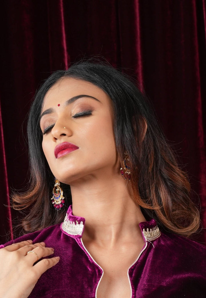 2.2" Unique Blue Stone Jadau Chandbali Earrings with Pink Fuchsia Stones | Shobitam Jewelry