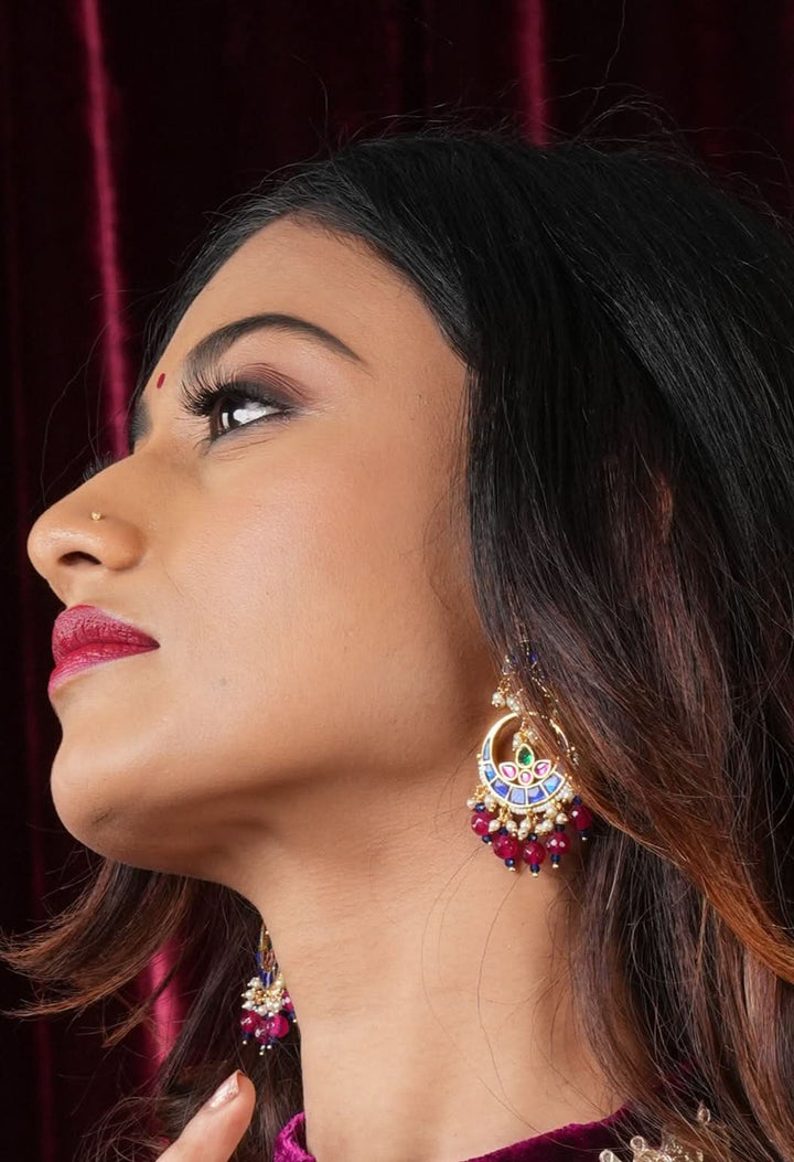 2.2" Unique Blue Stone Jadau Chandbali Earrings with Pink Fuchsia Stones | Shobitam Jewelry