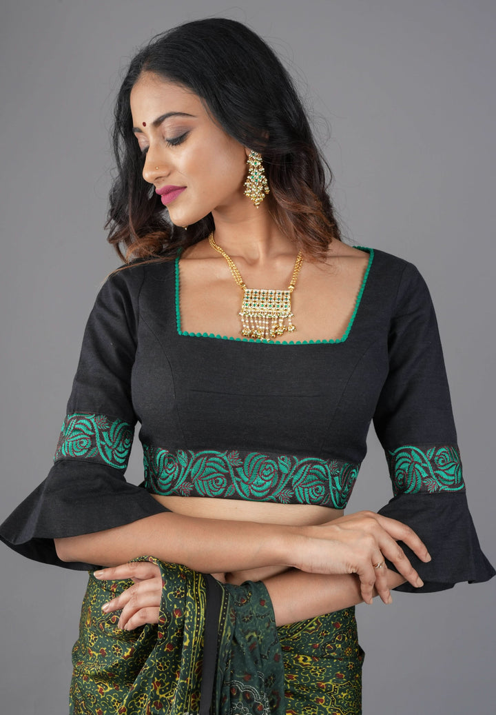 Black and Teal Cotton Blouse with flared Sleeves and Square neck, Customizable, Made To Order