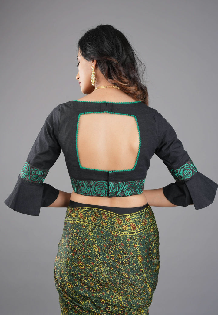 Black and Teal Cotton Blouse with flared Sleeves and Square neck, Customizable, Made To Order