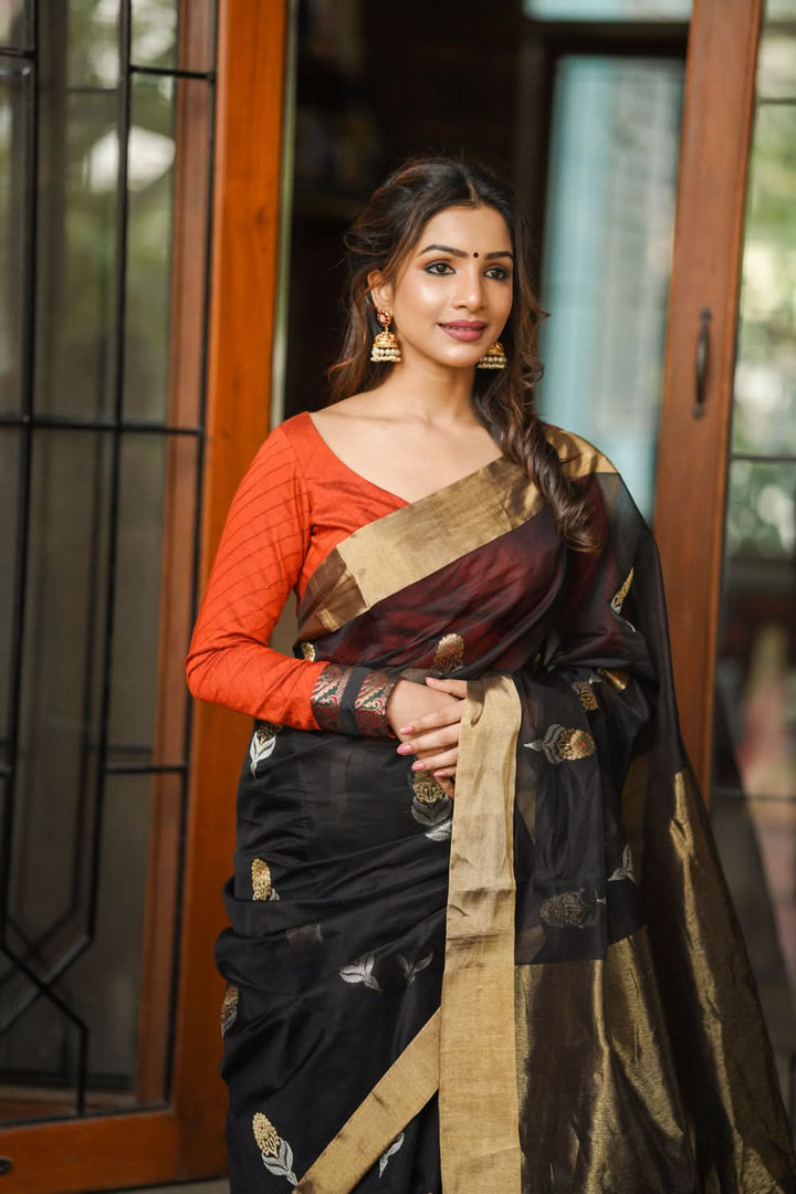 Black Chanderi Silk Saree with Sona Rupa Meena Floral Motifs in Black and Gold | Shobitam Saree