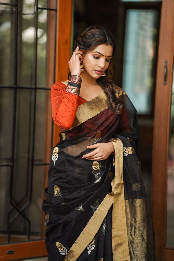 Black Chanderi Silk Saree with Sona Rupa Meena Floral Motifs in Black and Gold | Shobitam Saree