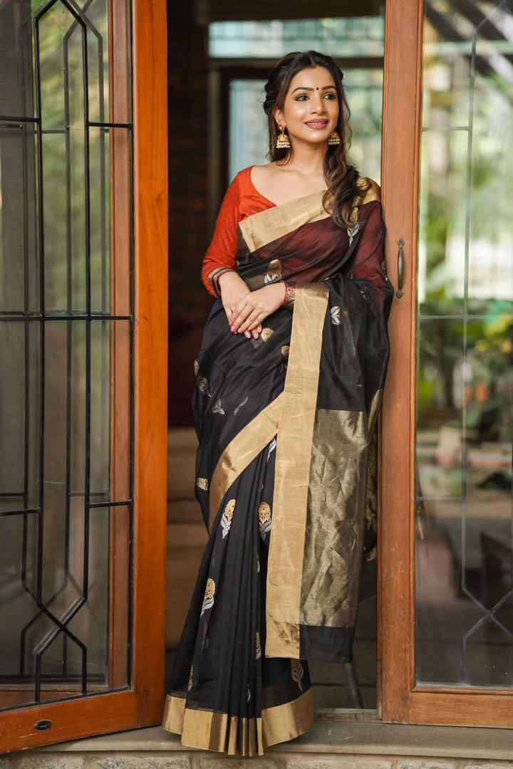Black Chanderi Silk Saree with Sona Rupa Meena Floral Motifs in Black and Gold | Shobitam Saree