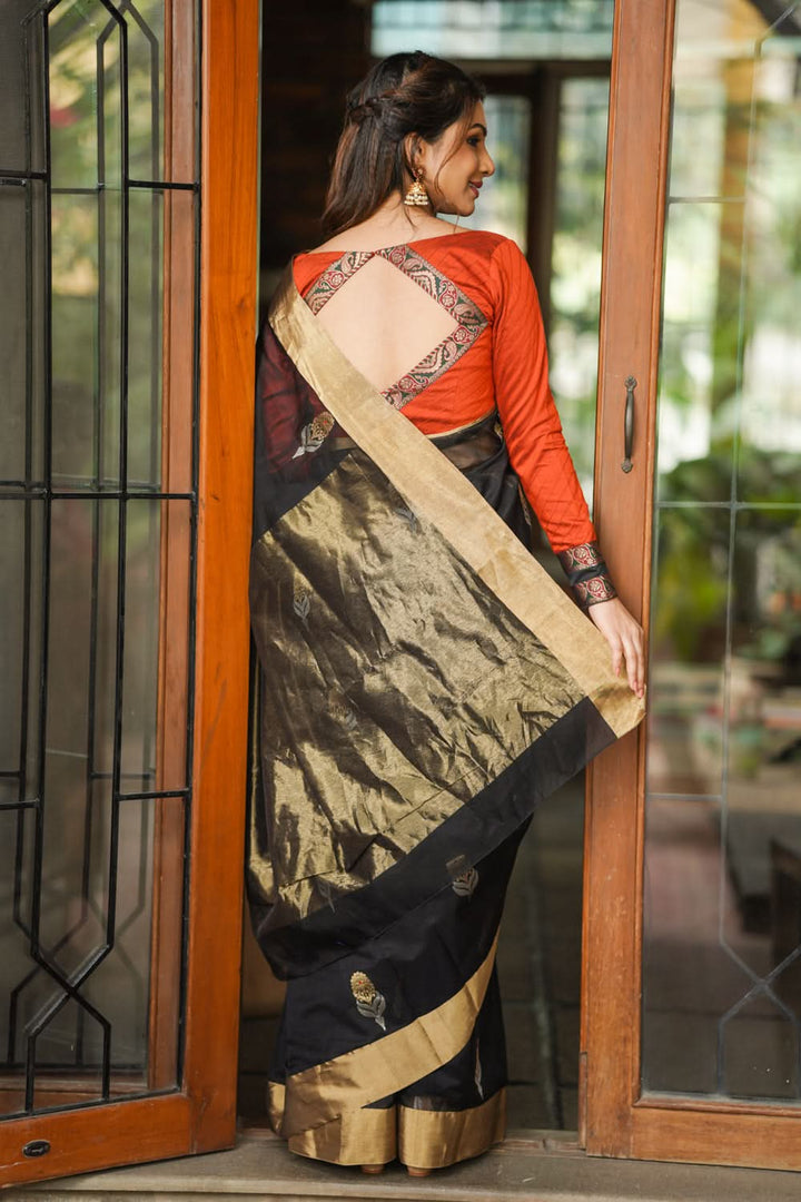 Black Chanderi Silk Saree with Sona Rupa Meena Floral Motifs in Black and Gold | Shobitam Saree