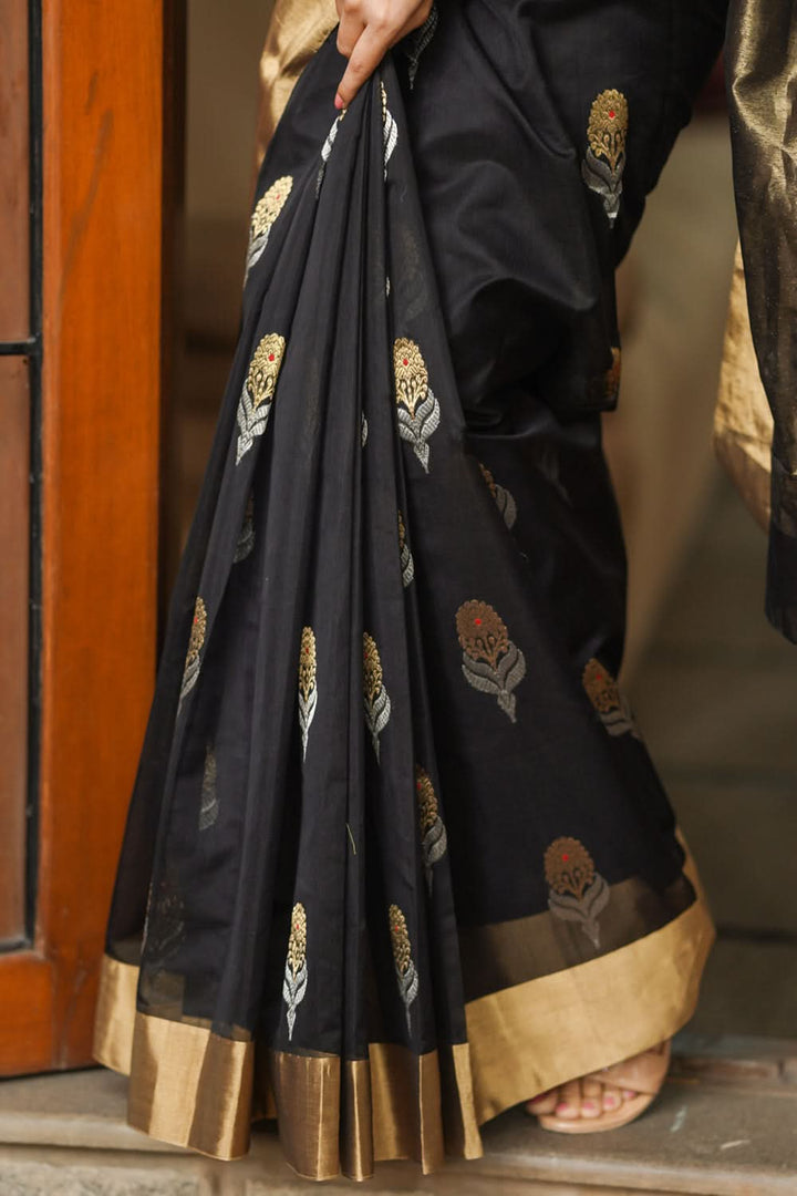 Black Chanderi Silk Saree with Sona Rupa Meena Floral Motifs in Black and Gold | Shobitam Saree