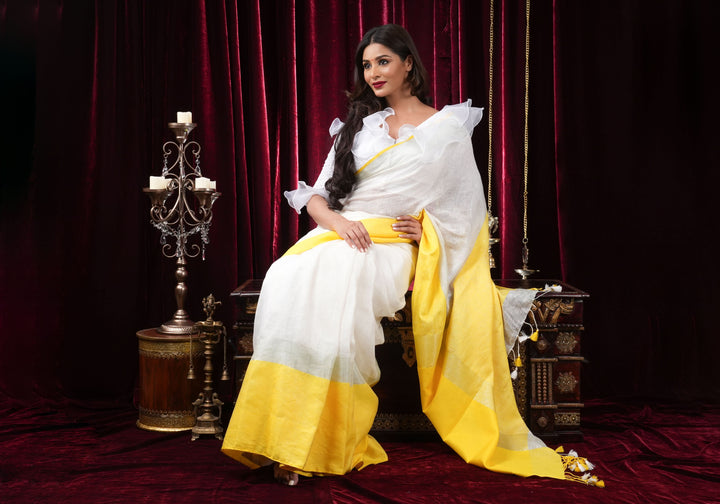 White and Yellow Wide Border Linen by Linen Saree