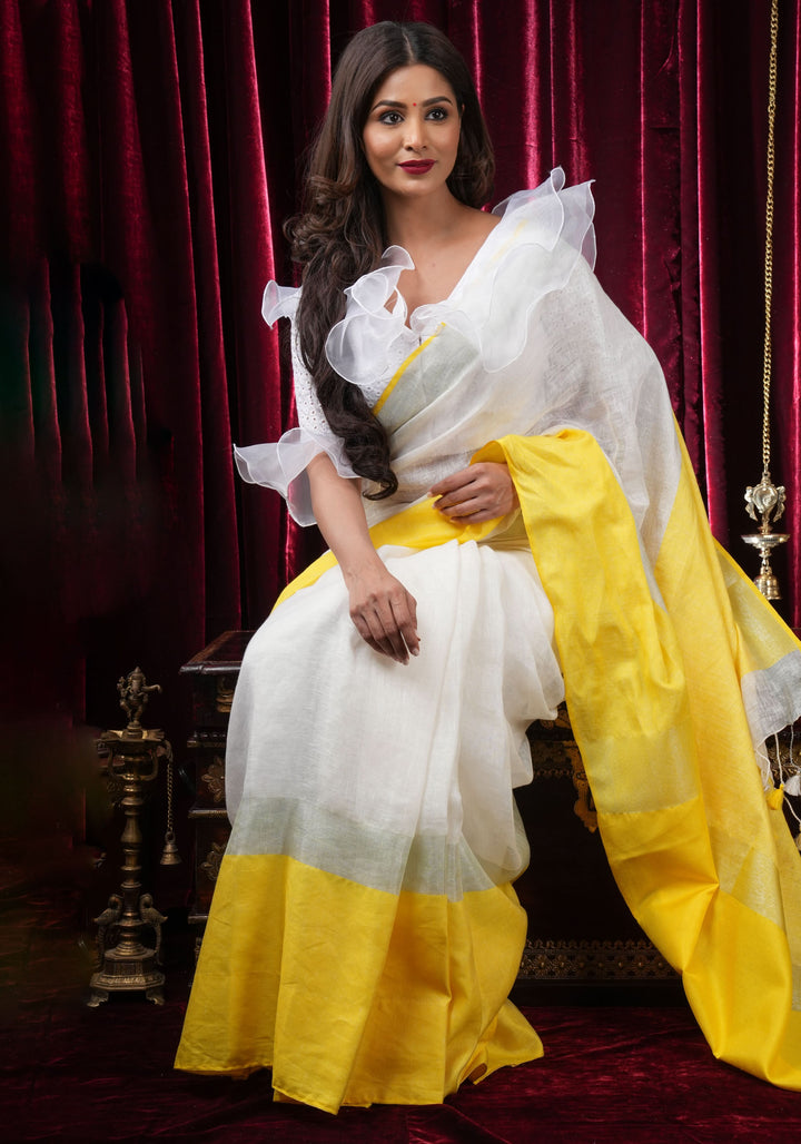 White and Yellow Wide Border Linen by Linen Saree