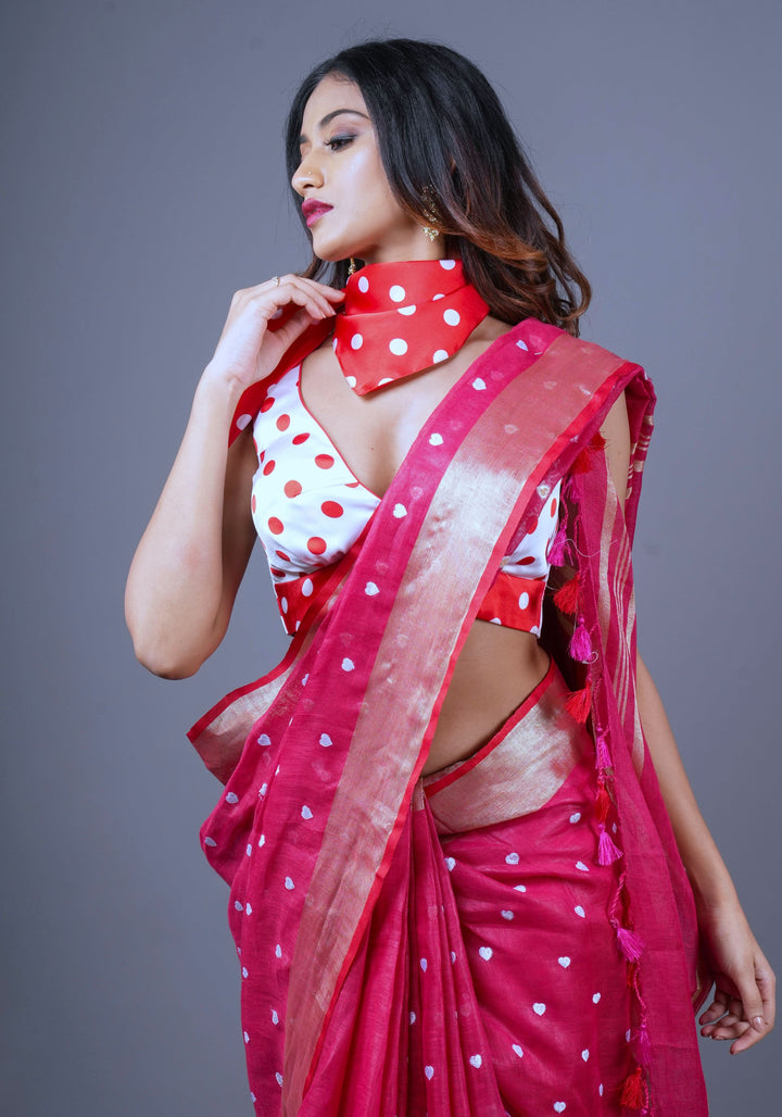 Loving Hearts Embroidered Cherry Plum Pure Tone Linen Saree