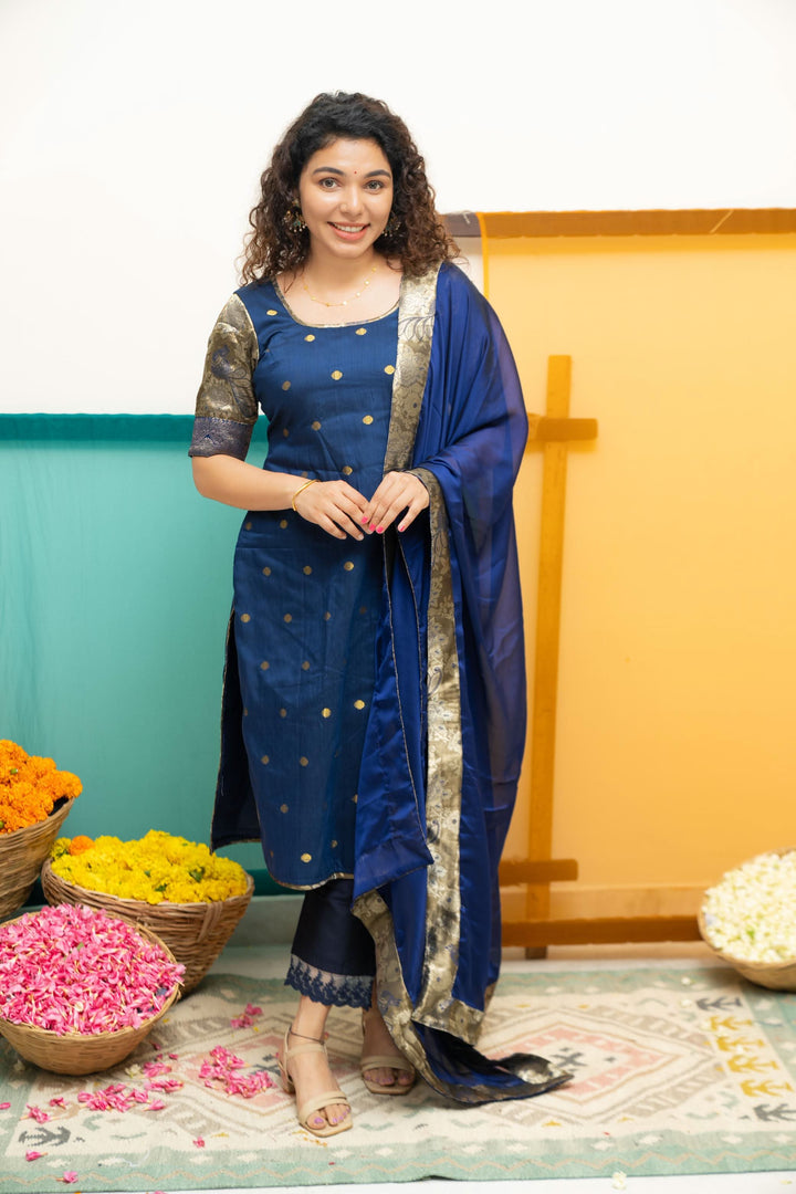 Nikitha Navy Blue Kurti with Dupatta 2 Piece Set | Shobitam Custom Gowns | Made To Order