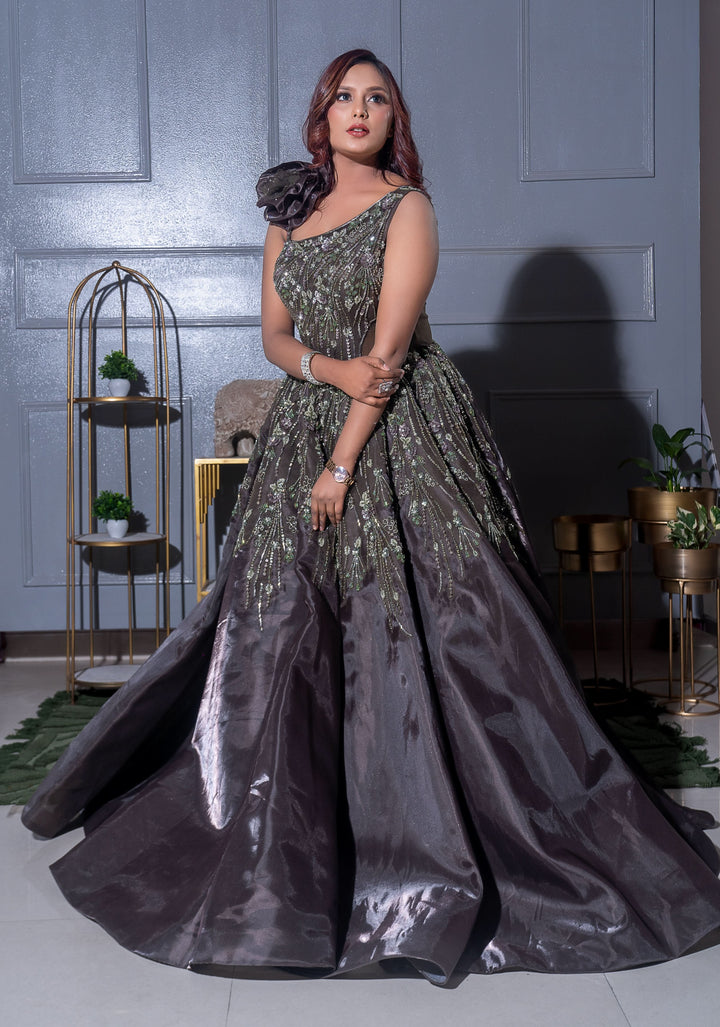 Gray Gown with Green Handwork Embellishments, Customizable, Made to Order