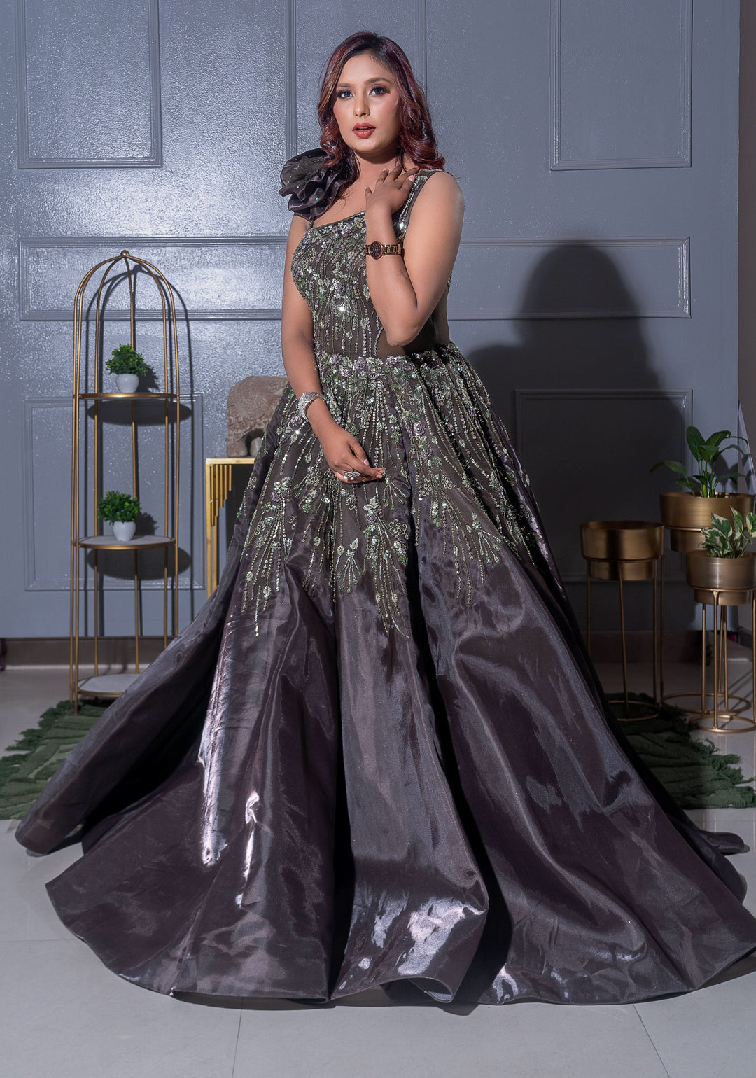 Gray Gown with Green Handwork Embellishments, Customizable, Made to Order