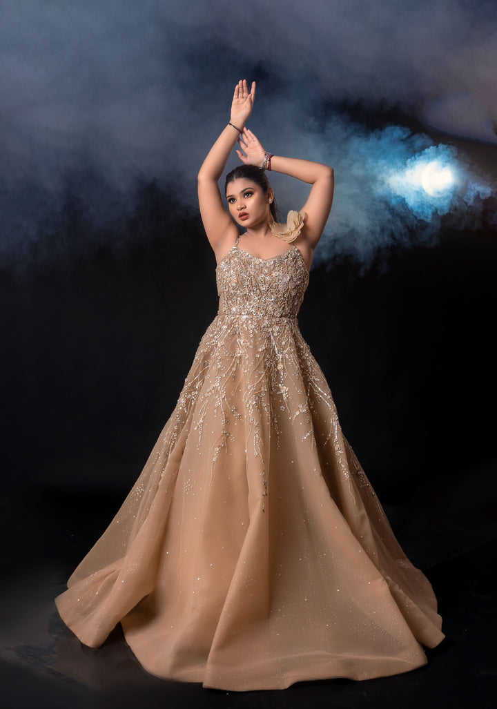 Sand Brown Gown with embroidery, Customizable, Made to Order