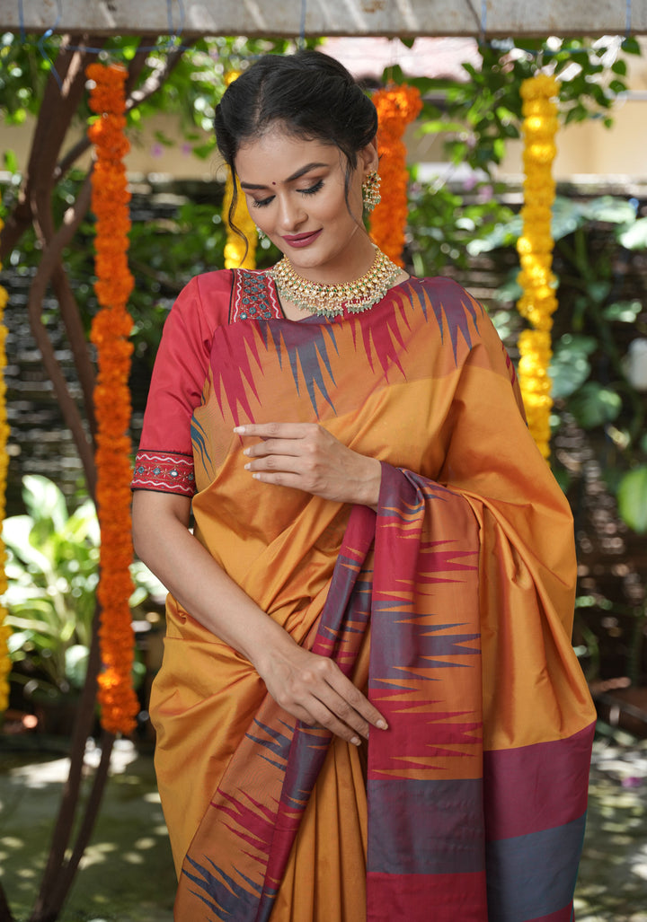 Pale Mustard Yellow Tone and Two Color Temple Border on Art Silk Saree With Double color Indian kotki design Pallu