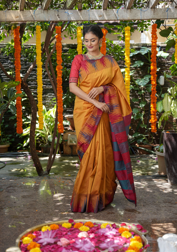Pale Mustard Yellow Tone and Two Color Temple Border on Art Silk Saree With Double color Indian kotki design Pallu