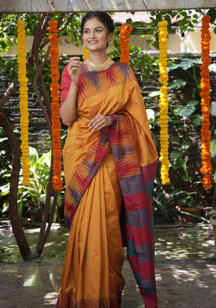Pale Mustard Yellow Tone and Two Color Temple Border on Art Silk Saree With Double color Indian kotki design Pallu