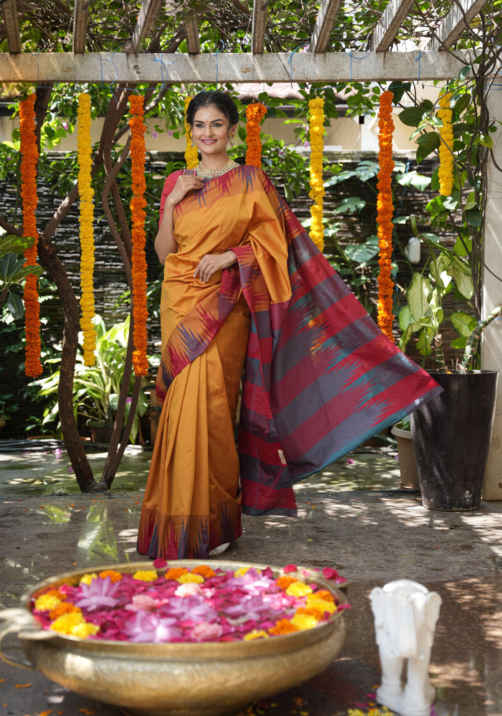Pale Mustard Yellow Tone and Two Color Temple Border on Art Silk Saree With Double color Indian kotki design Pallu
