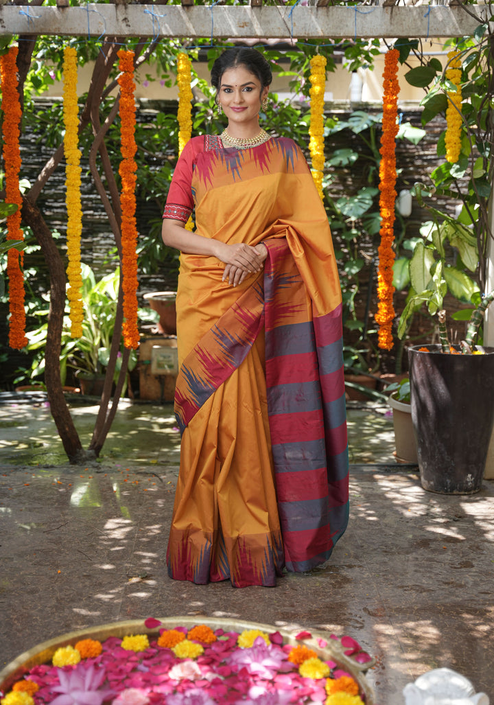 Pale Mustard Yellow Tone and Two Color Temple Border on Art Silk Saree With Double color Indian kotki design Pallu