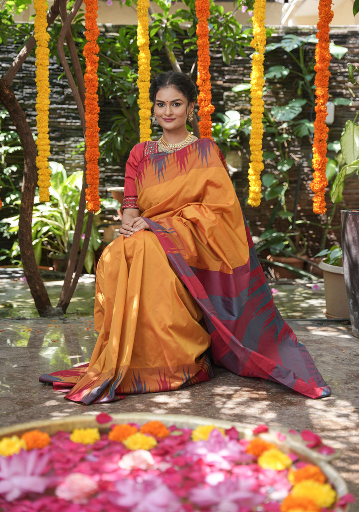 Pale Mustard Yellow Tone and Two Color Temple Border on Art Silk Saree With Double color Indian kotki design Pallu
